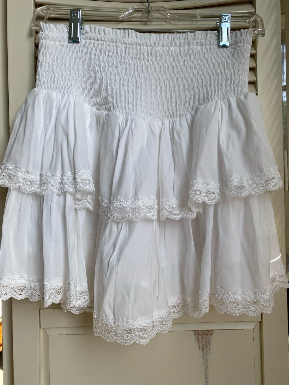 Tiered White Lace-Trim Smocked Waist Skirt - Women size L